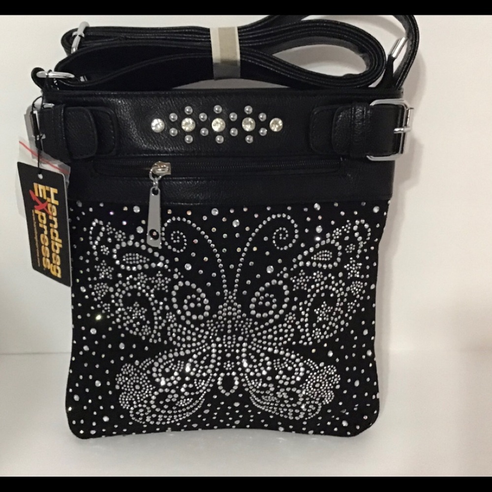 Handbag Express Black Butterfly Bling crossbody NEW